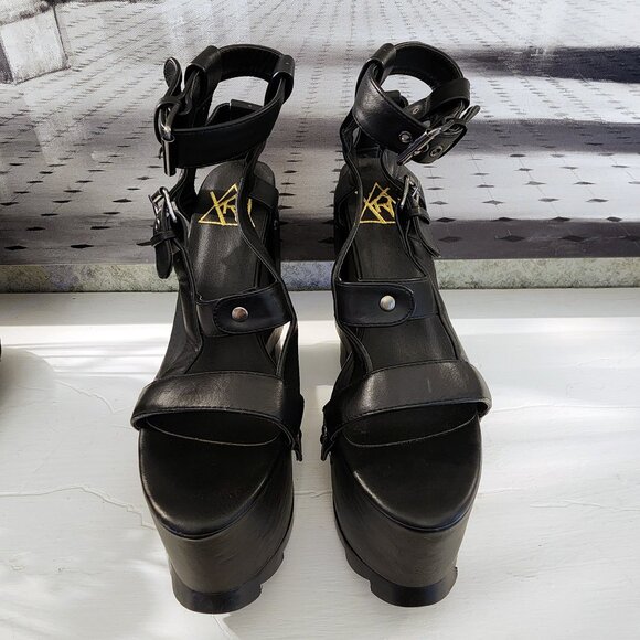 YRU Midnight Nightcall Gothic Black Platform Vegan Leather High Heels Size 7 - Picture 3 of 6